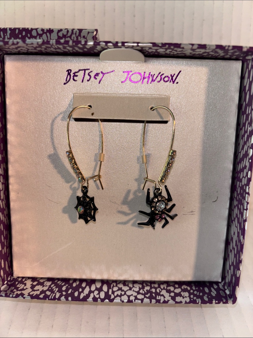 Betsey Johnson Gold Tone Earrings with Black Spider Charms and Rhinestones